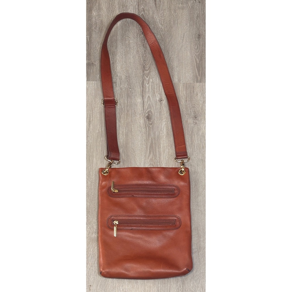 Margot Cognac Brown Leather Crossbody Bag Gold Hardware Slim Messenger Bag